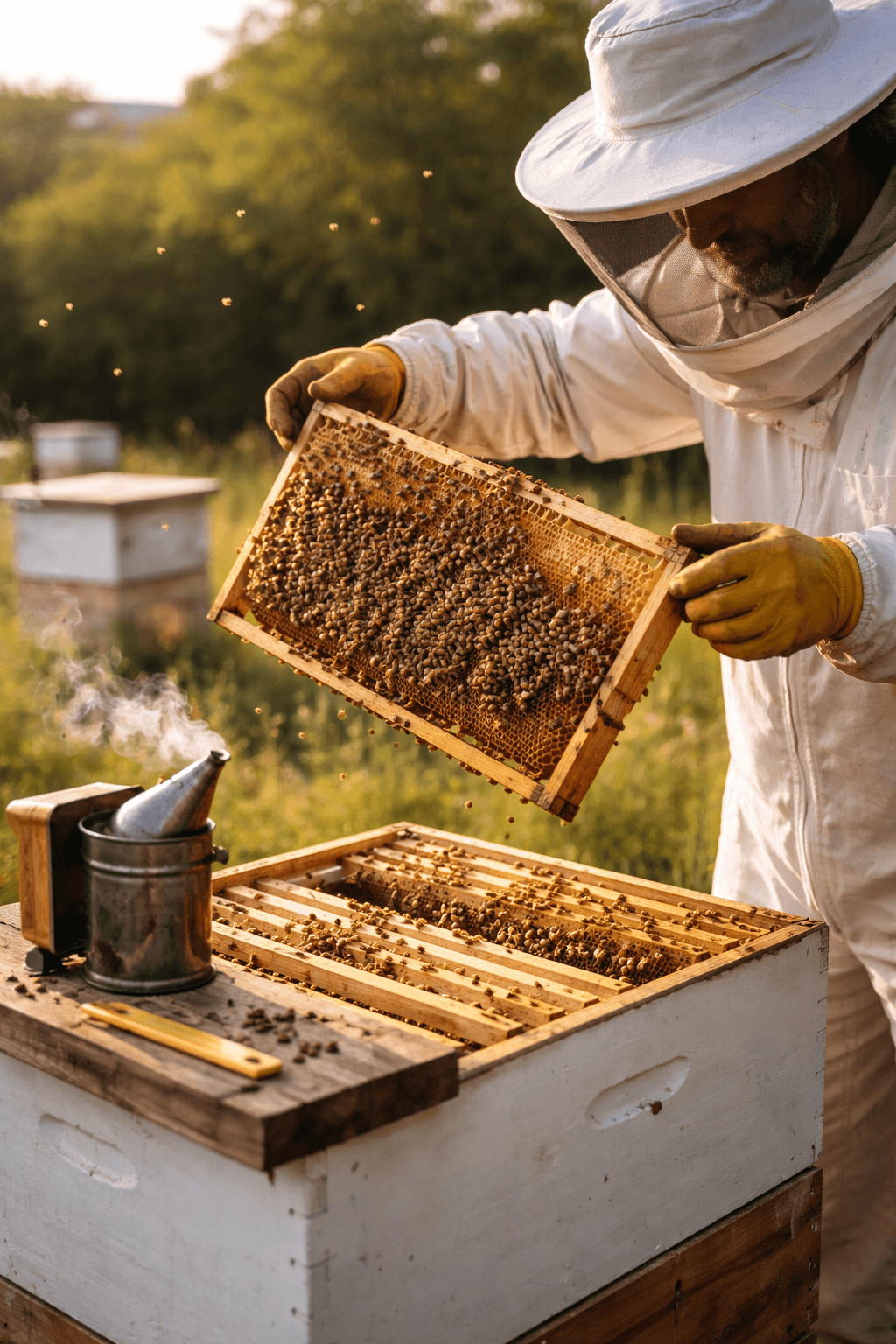A beekeeper inspecting frames in a hive while capped honeycomb and protective gear sit nearby in a sunny apiary