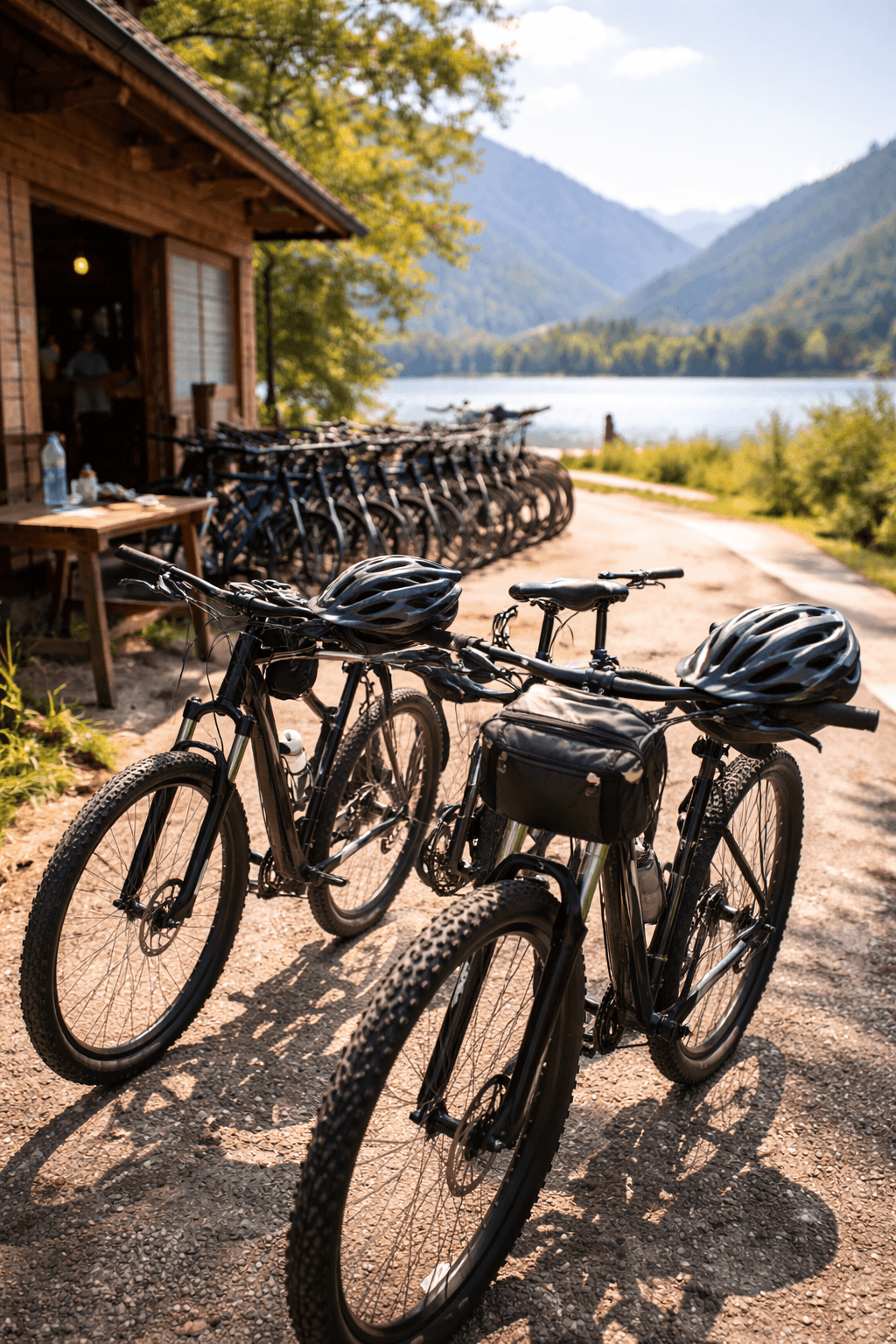 A well-organized bicycle rental storefront with city bikes and e-bikes lined up outside while a guide briefs a small group before a scenic urban cycling tour.