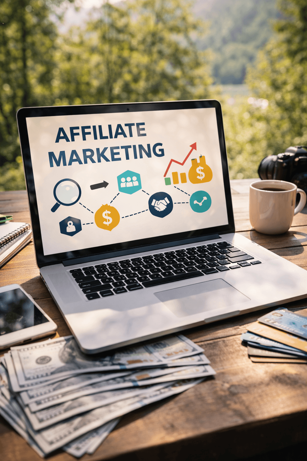 There is a market analysis report on an open notebook.