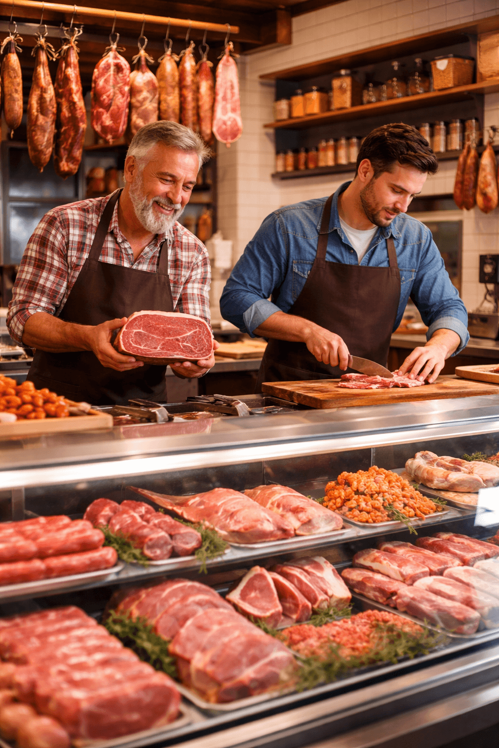 A butcher shop counter with fresh cuts of meat, display cases, cutting tools, and a butcher preparing an order for a customer