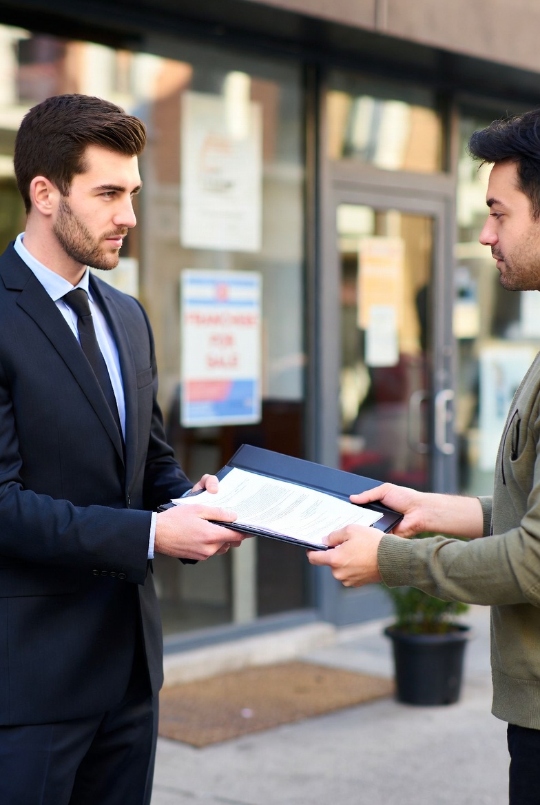 A prospective franchise owner reviewing franchise documents beside a newly branded storefront under setup
