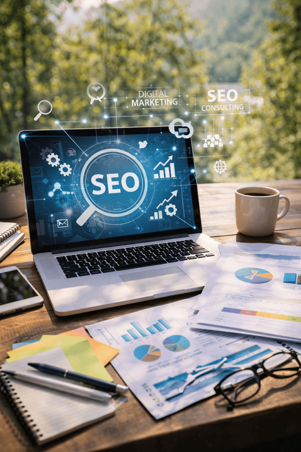 A digital marketing consultant reviewing SEO dashboards, keyword data, and lead-generation reports during a strategy session