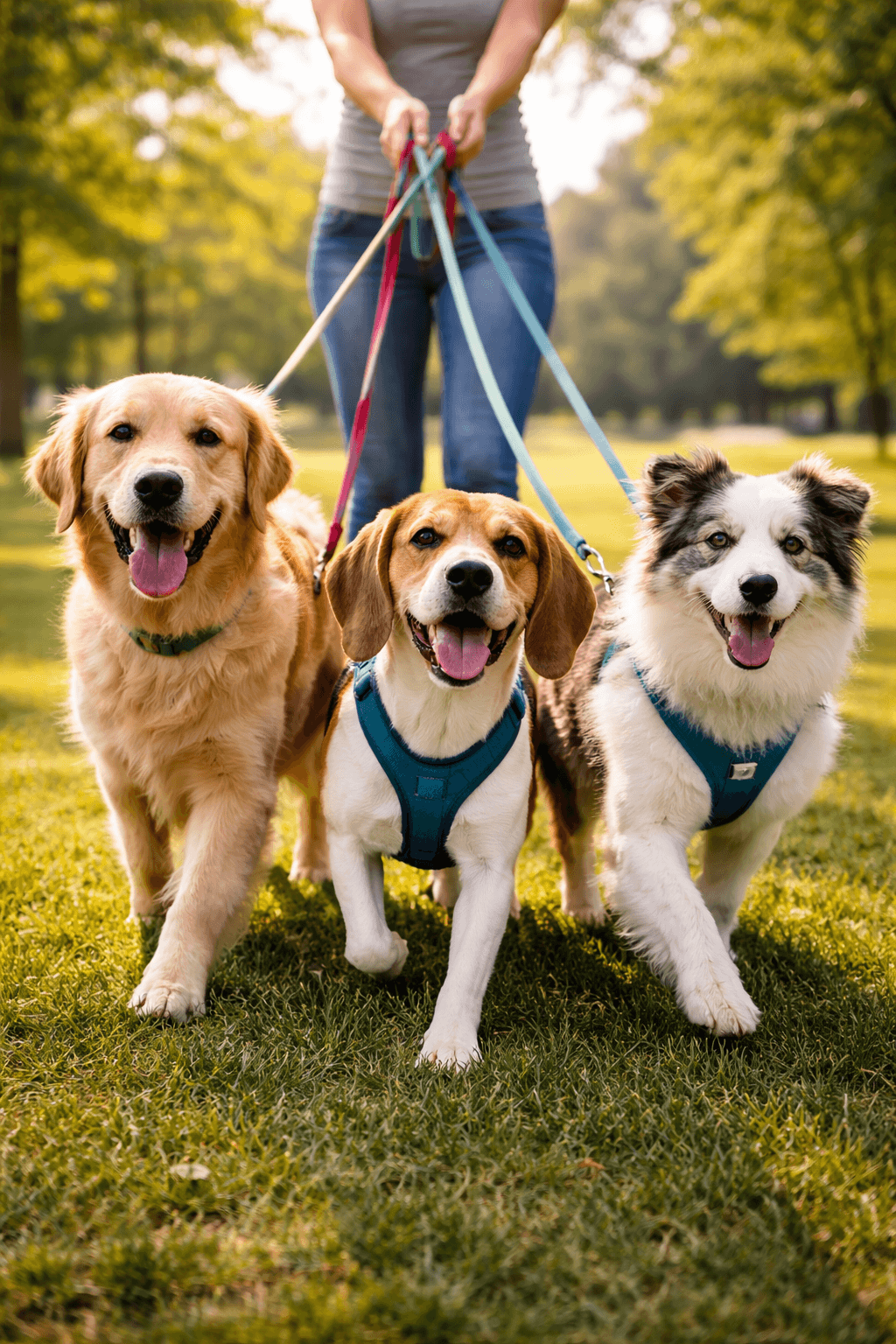 A professional dog walker leading several dogs through a clean urban neighborhood on a weekday