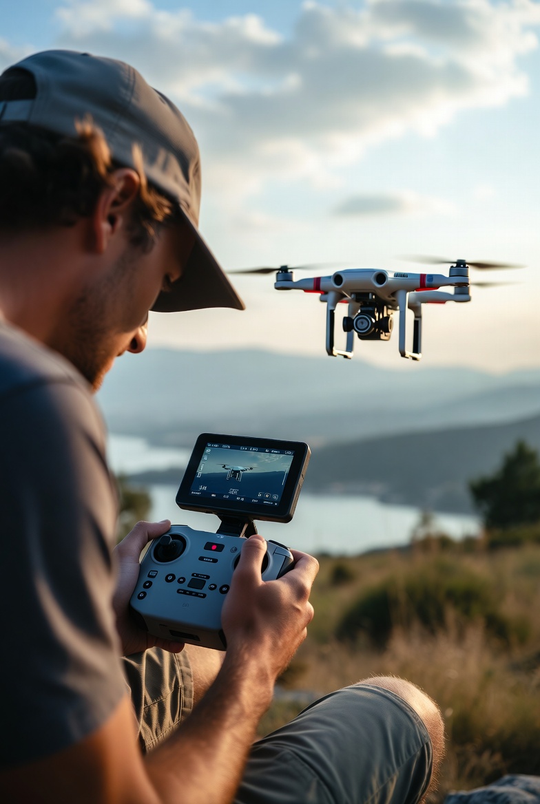 A drone videographer operating a professional camera drone on location while capturing aerial footage for a client project