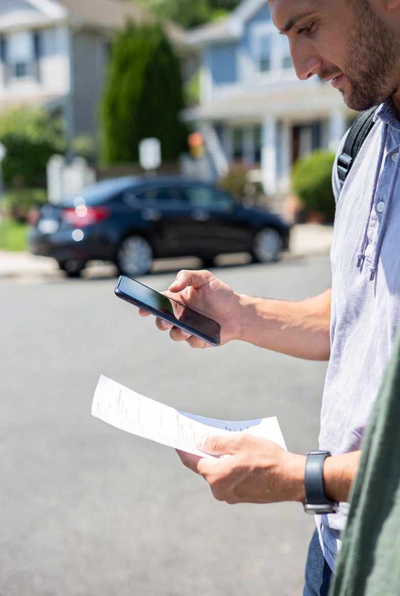 An errand service provider delivering groceries and household items to a residential client in a neighborhood setting
