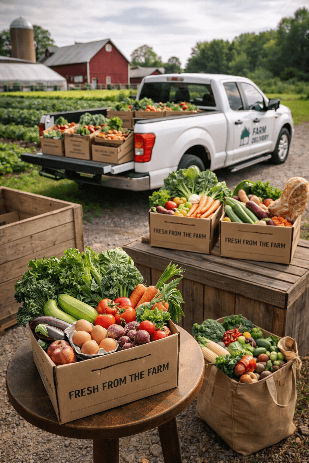 A farmer and small crew packing fresh seasonal produce into CSA boxes beside a barn table, with labeled crates, leafy greens, herbs, and a delivery van waiting nearby.