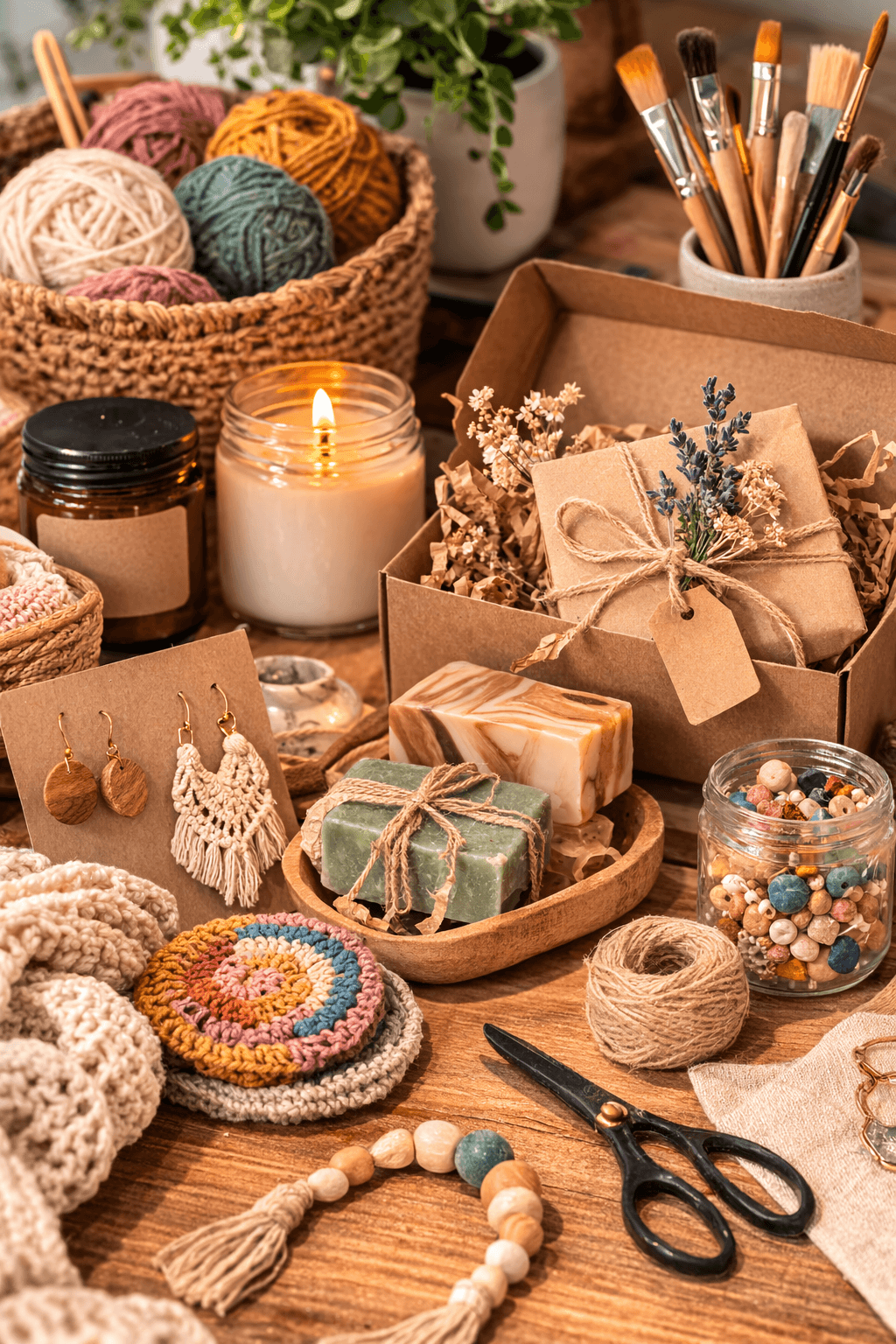 A small studio with handmade products, packaging materials, tools, and personalized items ready to ship