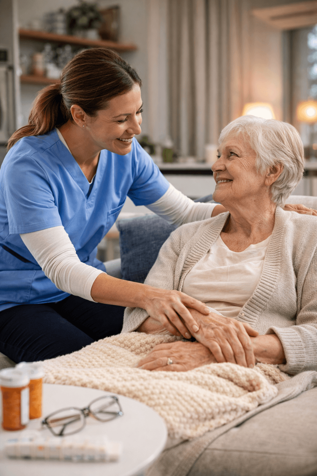 A professional caregiver in blue scrubs smiling and holding the hands of an older woman in a calm home setting