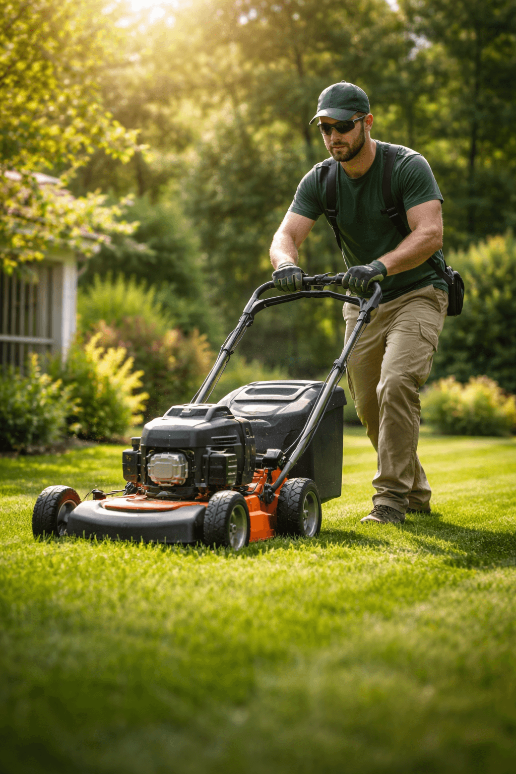 A lawn care operator mowing a residential yard with a commercial walk-behind mower on a sunny day.