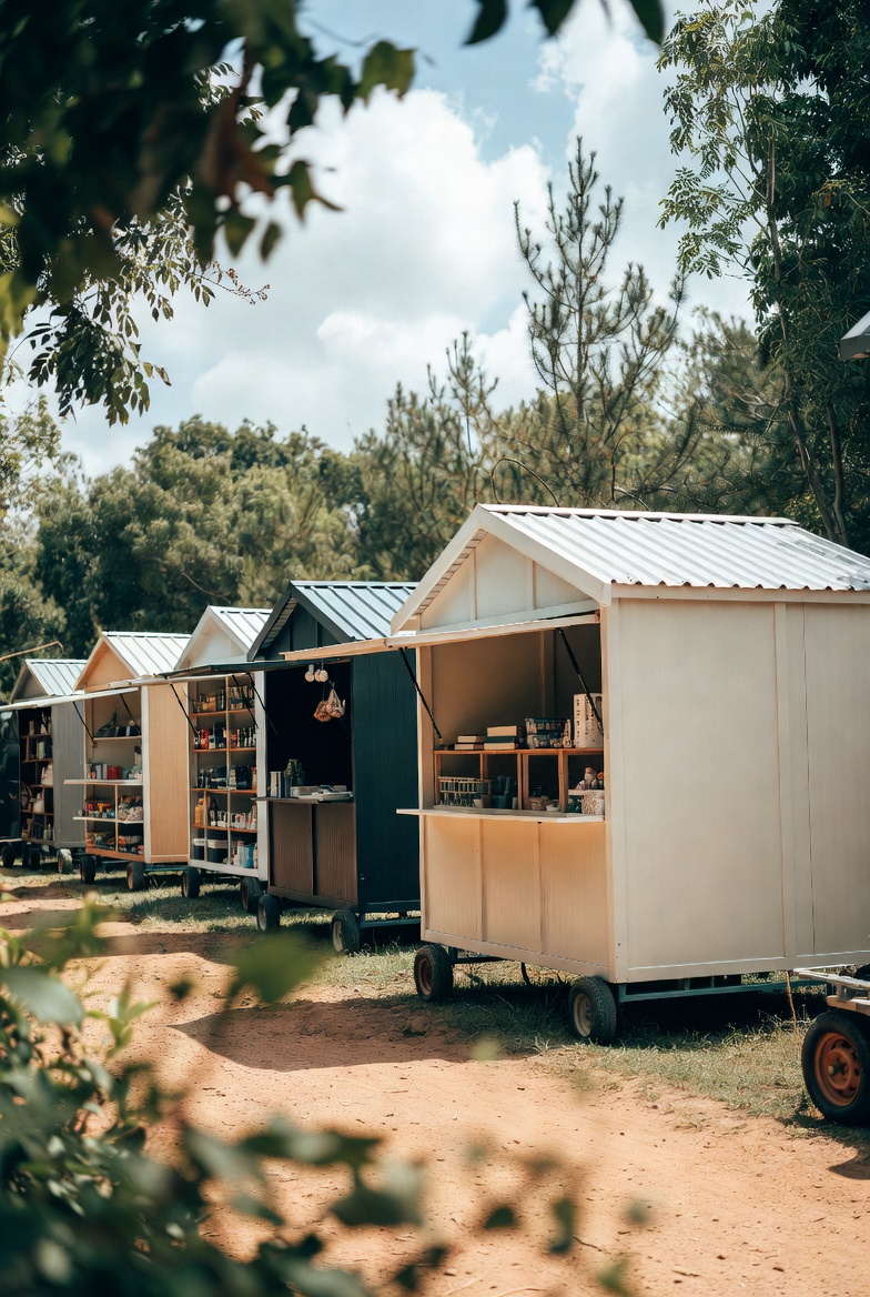A branded mobile retail truck displaying curated products at an outdoor market 