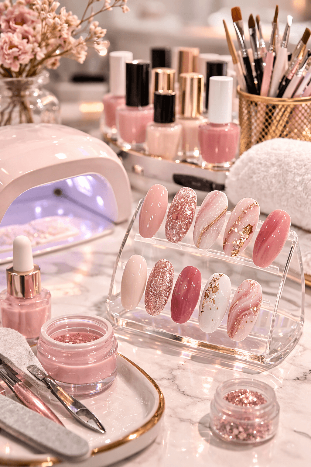 A clean nail salon studio with manicure tables, gel lamps, pedicure chairs, and neatly arranged nail colors ready for clients