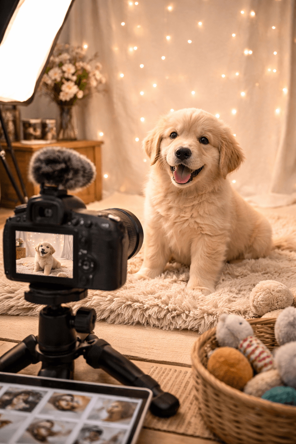 A professional pet photographer capturing a calm dog portrait in soft natural light during a styled session