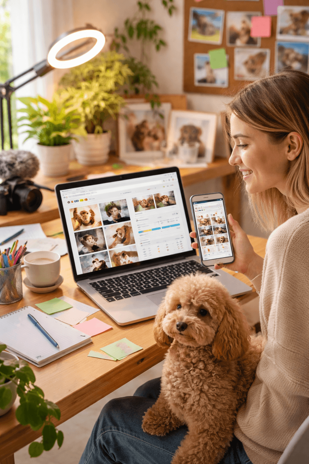 A social media manager planning Instagram and TikTok content for a pet business, with a laptop, analytics dashboard, content calendar, and pet product photos on a desk.
