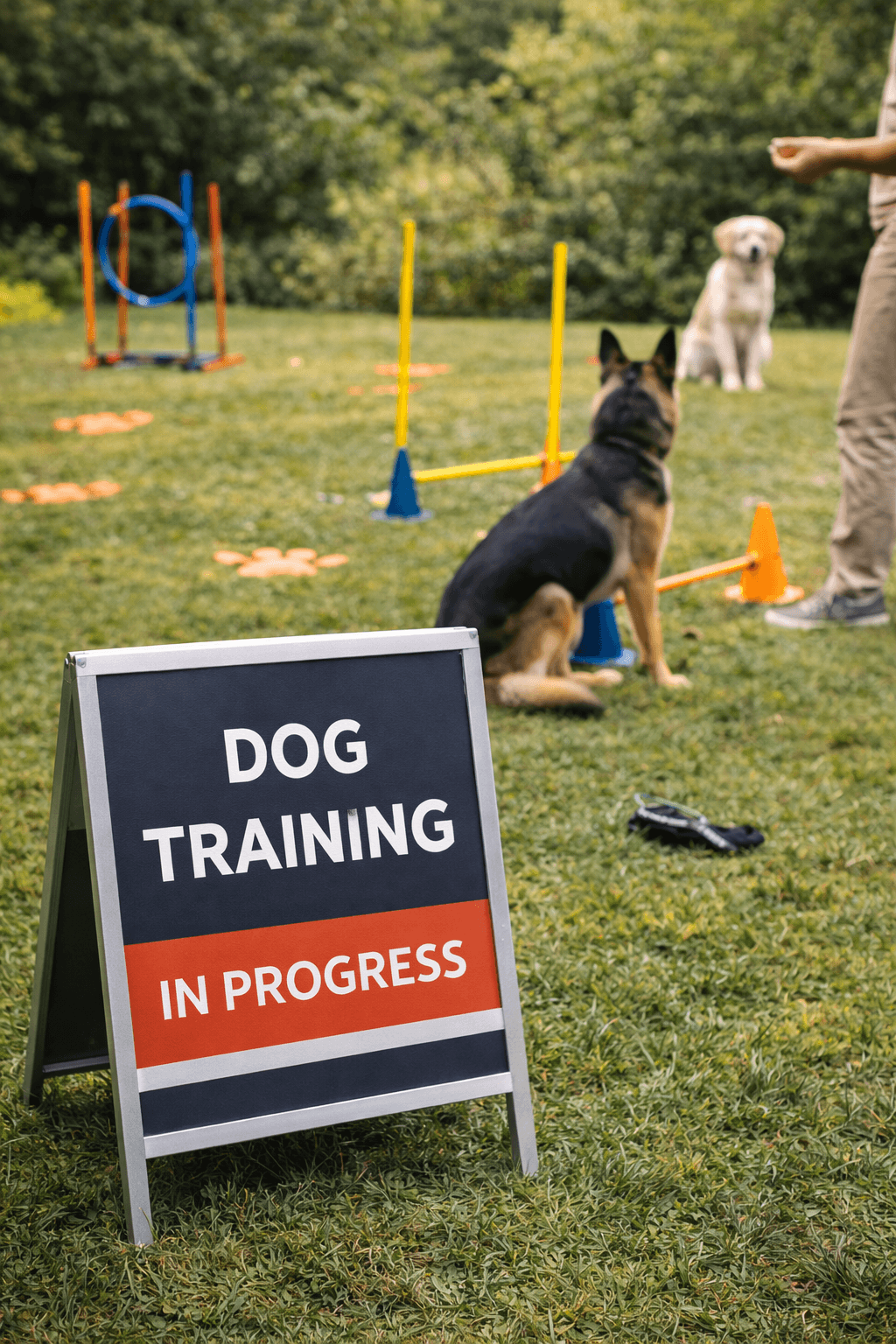 A professional trainer coaching a dog and its owner during a calm reward-based training session outdoors