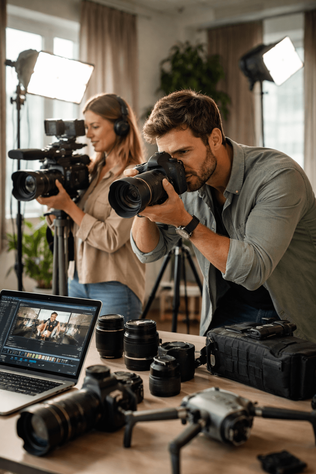 A photographer and videographer capturing an event with professional cameras, lighting gear, and an on-location client setup