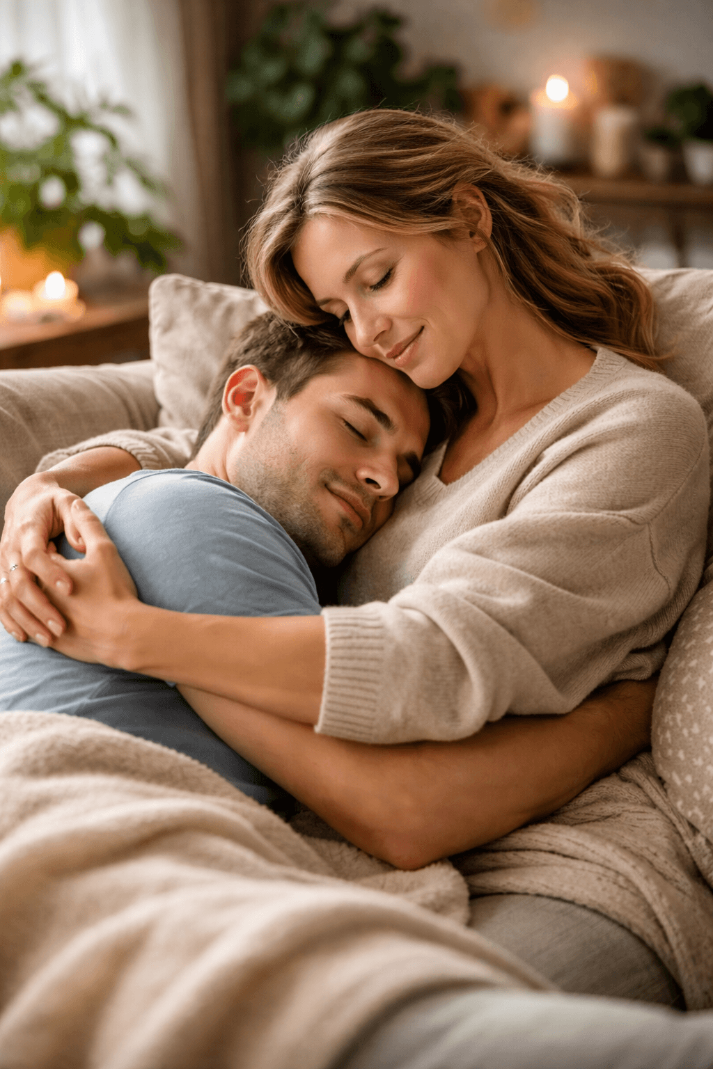 A calm, neutral-toned professional cuddling session space with cushions, blankets, soft lighting, and a clearly prepared setting designed for safe, platonic human connection.