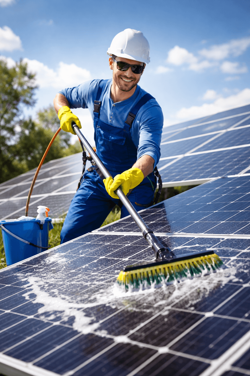 A solar panel cleaning technician in safety gear washing rooftop panels with a long brush on a sunny day