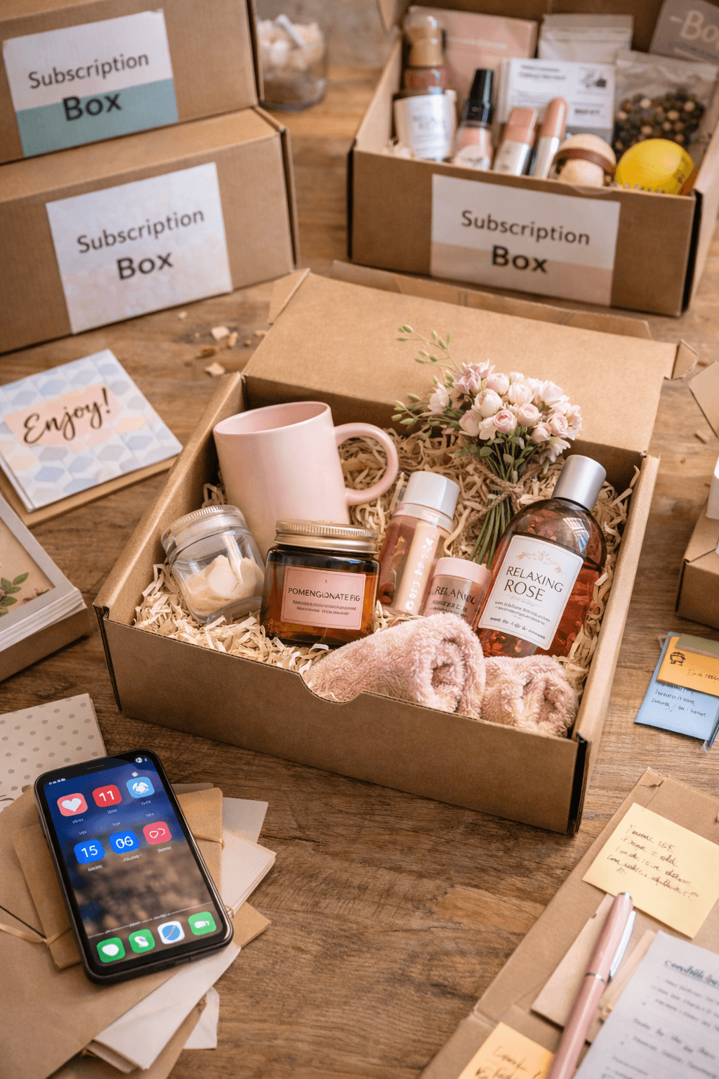 A set of well-designed subscription boxes filled with curated products and branded inserts