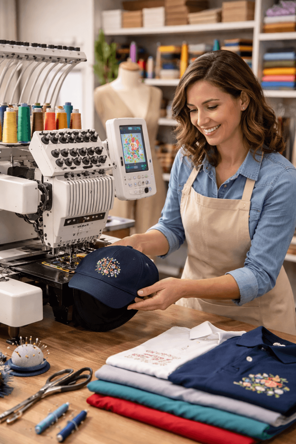 A tailor's worktable with sewing tools, folded garments, thread spools, and embroidery equipment inside a bright shop