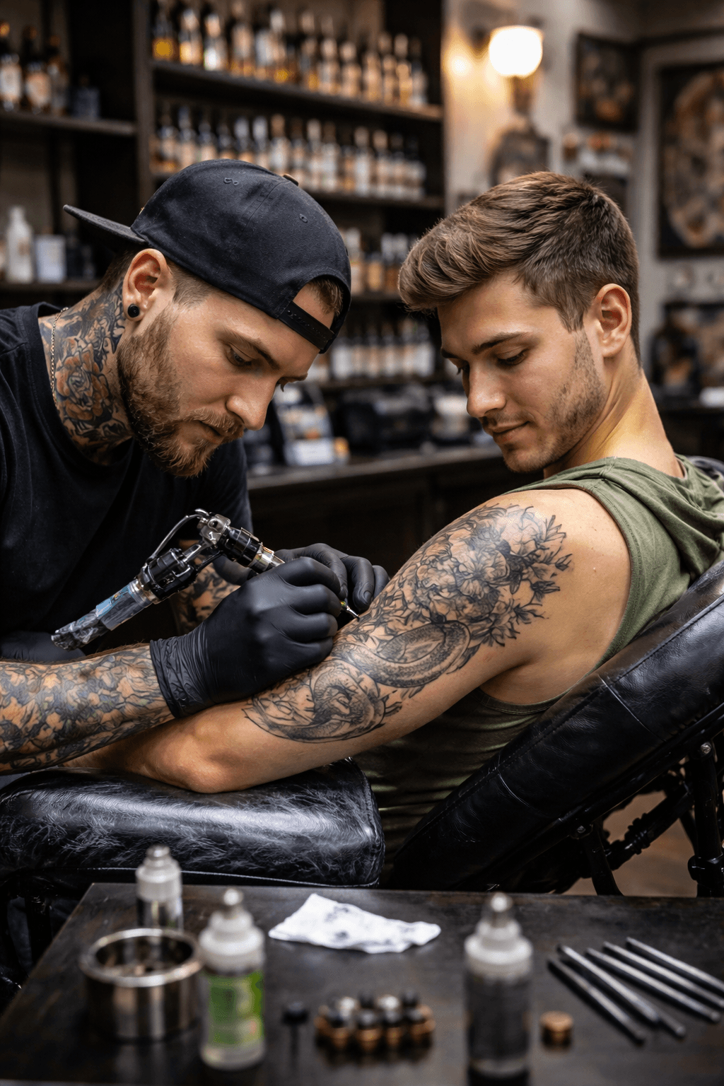 A tattoo artist working on a client's arm inside a clean tattoo and piercing studio