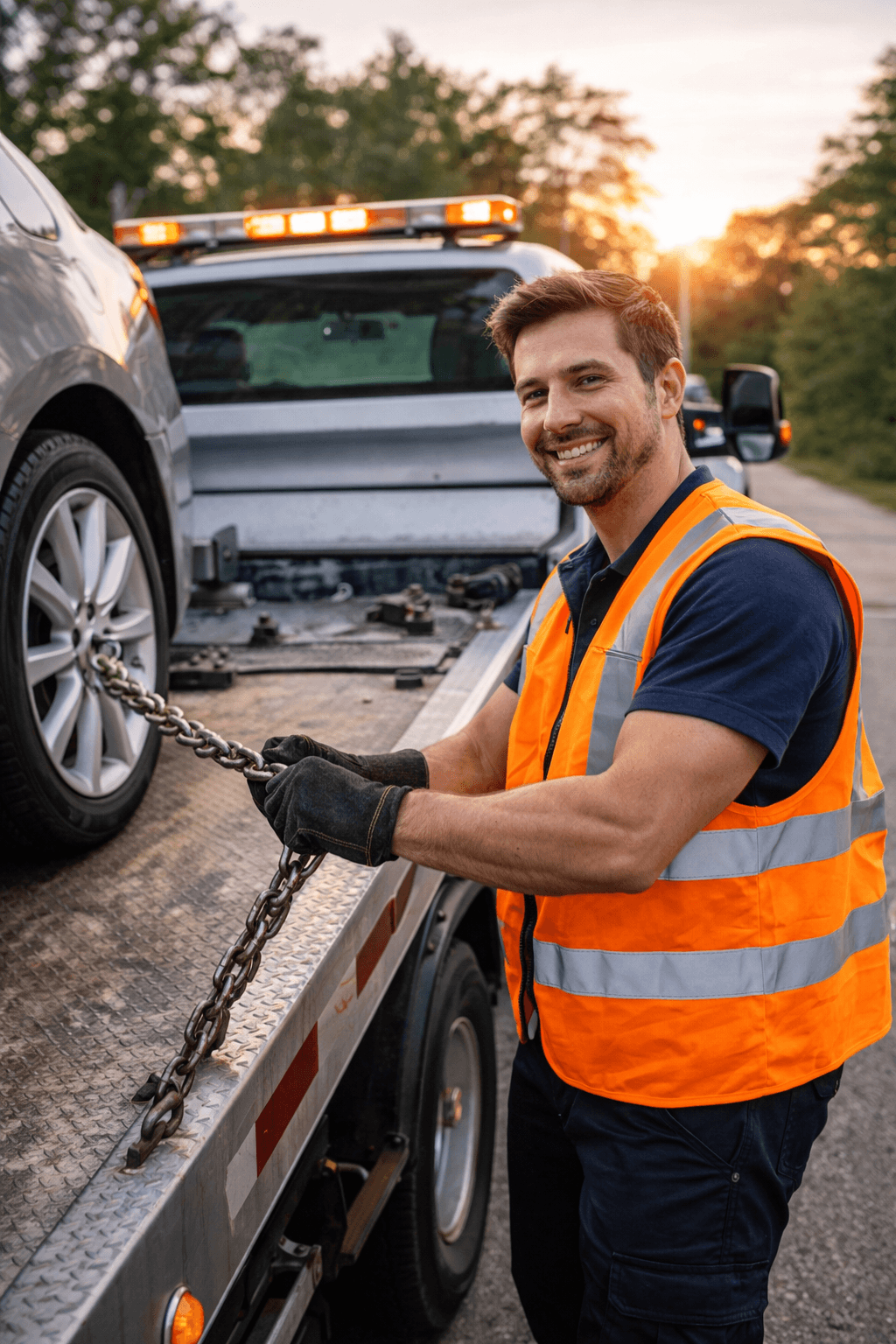 A professional tow truck operator loading a disabled vehicle onto a flatbed on the roadside with safety lights on
