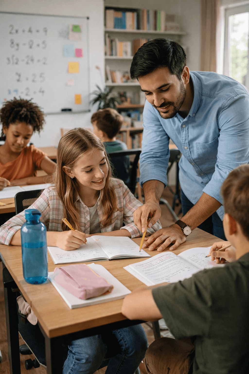 A small tuition centre classroom with a tutor helping students at shared desks