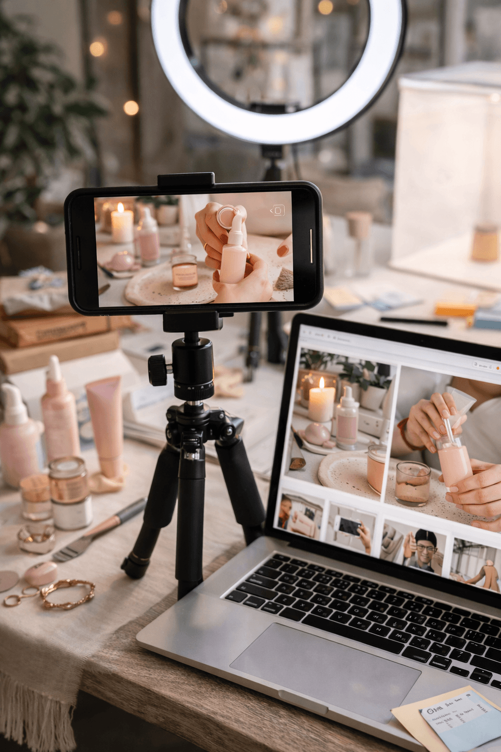 A solo creator filming a product demo at home with a smartphone, tripod, soft light, and several products arranged neatly on a small table.