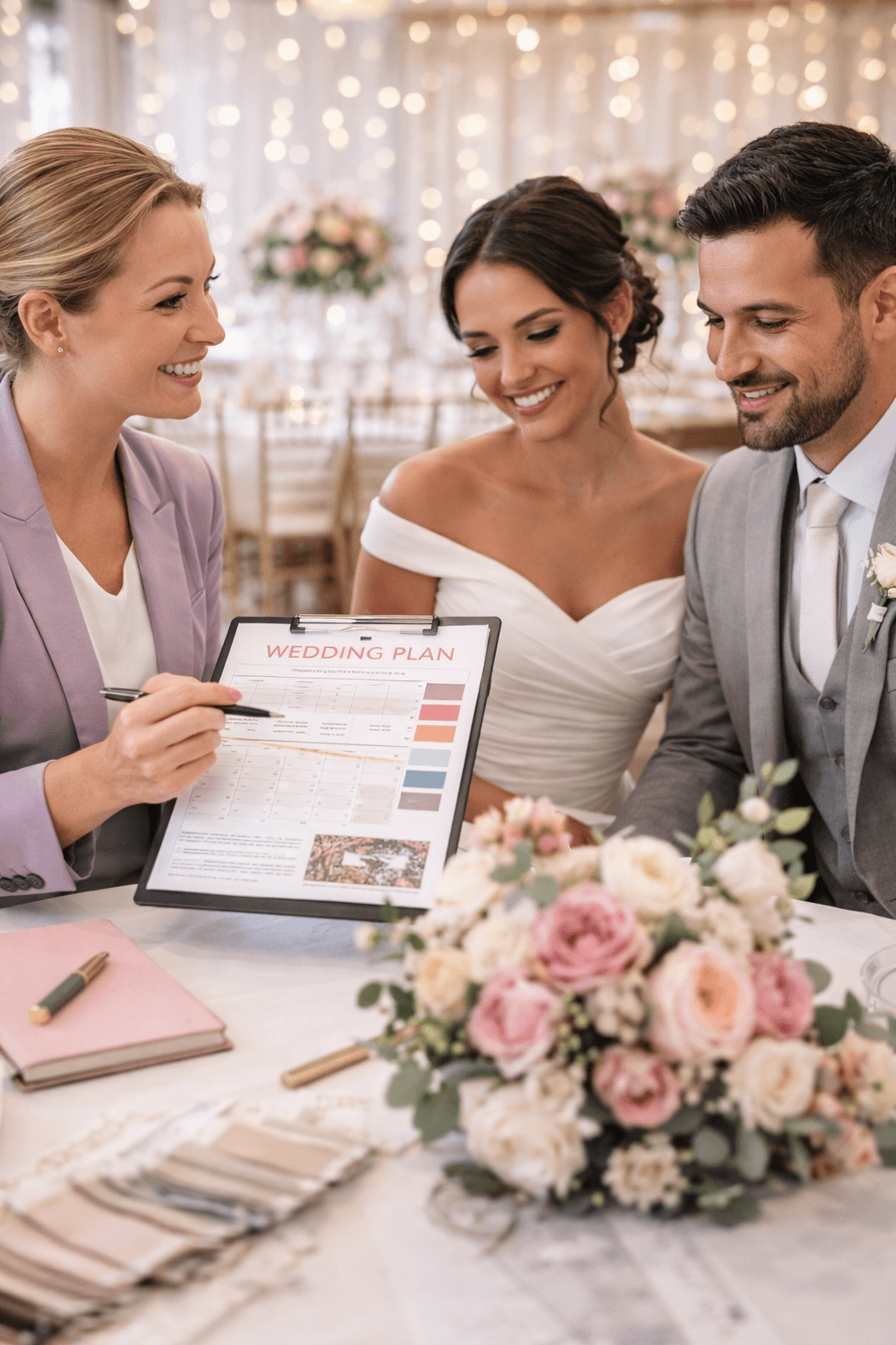 An event planner coordinating vendors and setup at a wedding venue before guests arrive