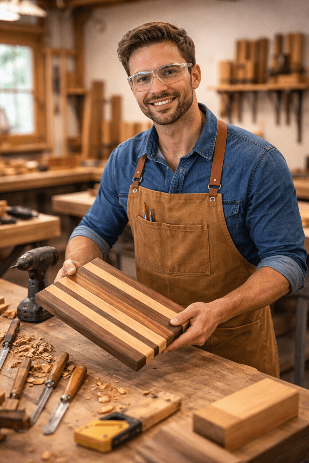 A small woodworking shop with sheet goods, hardwood boards, dust collection, and a cabinet assembly in progress